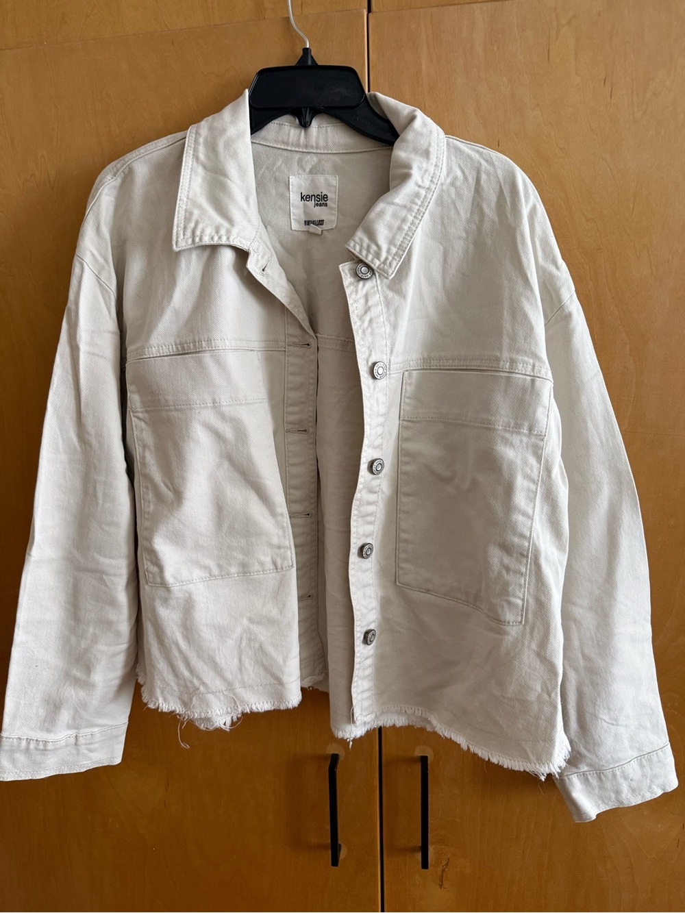 Kensie Cream Button-Front Jean Jacket with Raw Hem